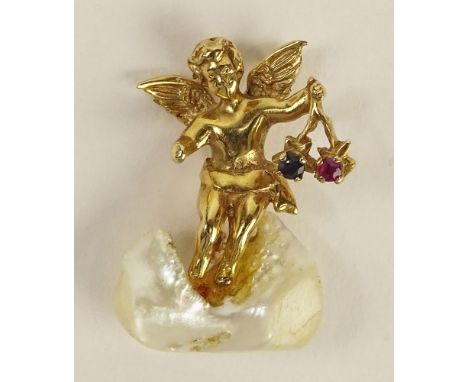 Vintage 14 Karat Yellow Gold, Pearl, Sapphire and Ruby Cherub Brooch. Unsigned. Good Condition or Better. Measures 1-1/4 Inch