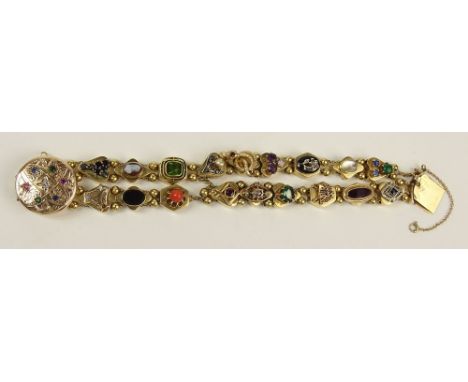 Lady's Vintage 14 Karat Yellow Gold and Multi-stone Double Row Slide Bracelet. Stones Include: Diamond, Emerald, Ruby, Sapphi