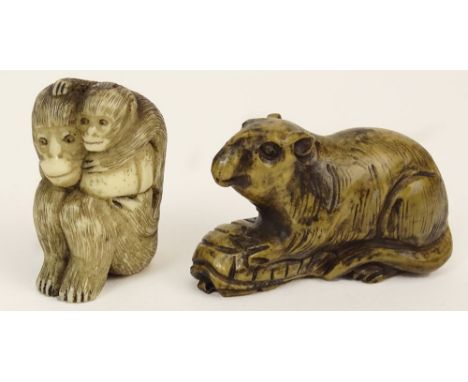 Lot of Two (2) Hand Carved Ivory Antique Japanese Netsuke. This Lot Includes a Rat Figure, and a Pair of Monkeys. Rat is sign