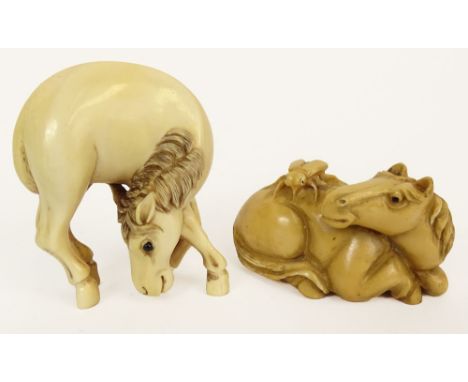 Lot of Two (2) Hand Carved Ivory Antique Japanese Netsuke. This Lot Includes Horse Figures, Both are signed. Good Condition. 