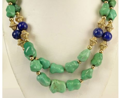 Vintage 14 Karat Yellow Gold, Turquoise and Lapis Lazuli Bead Two Strand Necklace. Signed 14K. Good Condition or Better. Meas
