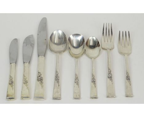 Reed and Barton "Classic Rose" Sterling Silver Eighty Nine (89) Piece Flatware Set. Sixteen (16) Hollow Handled Dinner Knives