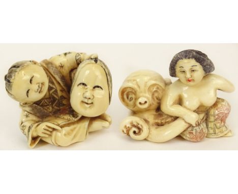 Lot of Two (2) Hand Carved Ivory Antique Japanese Netsuke. This Lot Includes a Woman and Octopus, and a Child with Mask. Sign