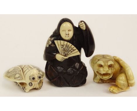 Lot of Three (3) Hand Carved Ivory Antique Japanese Netsuke. This Lot Includes A woman with Fan, Crouching Tiger, a Cicada. C