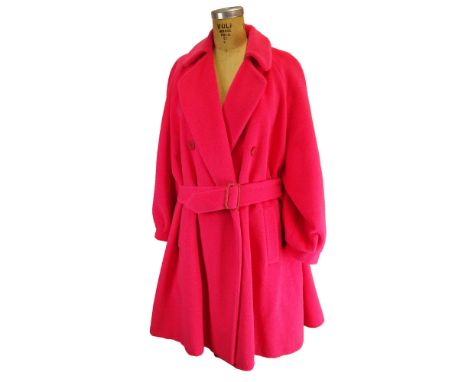 From a Palm Beach Socialite, A Giorgio Armani Hot Pink Alpaca Blend Wool Coat With Belt. Lined. Labeled: Gorgio Armani Made I