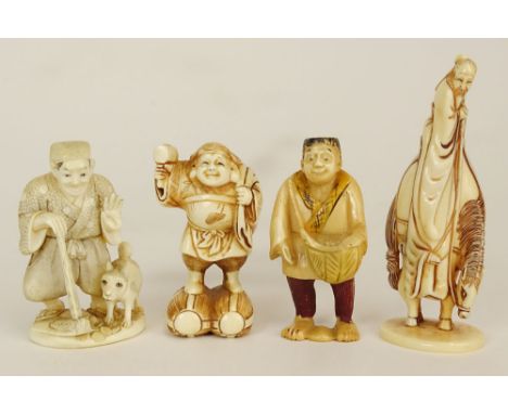 Lot of Four (4) Hand Carved Ivory Antique Japanese Netsuke. This Lot Includes Men in Various Poses. All but One are Signed. G