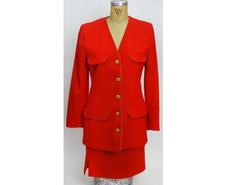 From a Palm Beach Socialite, A Retro/Vintage Emanuel Ungaro Red Wool Jacket and Skirt Suit. Labeled: Emanuel Ungaro Paris Par