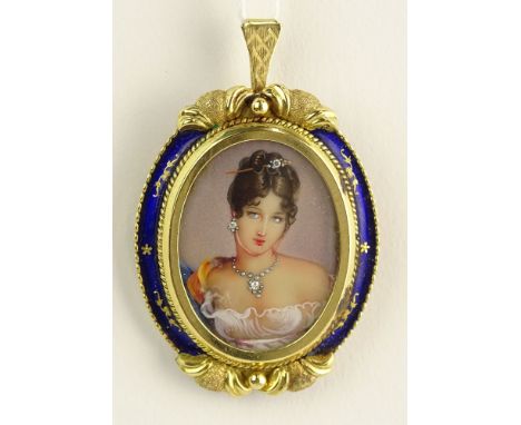Vintage Italian 18 Karat Yellow Gold and Enamel Pendant/Brooch with Painted Portrait Miniature on Shell. Signed 18K Italy. Go