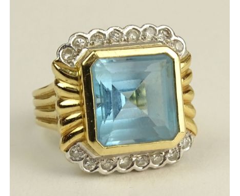 Lady's Vintage Square Cut Aquamarine, Single Cut Diamond and 18 Karat Gold Ring. Aquamarine Measures approx. 11mm square. Sig