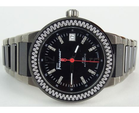 Salvatore Ferragamo F-80 Black Titanium Automatic Watch with Diamond Bezel and Hour Markers. Case Measures 38mm. Bracelet Mea