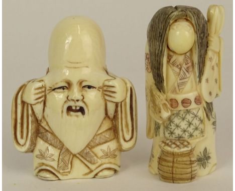 Lot of Two (2) Hand Carved Polychromed Ivory Antique Japanese Netsuke. This Lot Includes an Immortal Figure, and a Masked Man