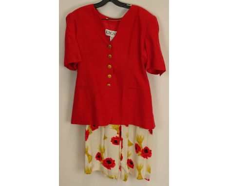 From a Palm Beach Socialite, an Escada 2 Piece Jacket and Skirt Set. Includes a Short Sleeved Linen Jacket and Poppy and Whea