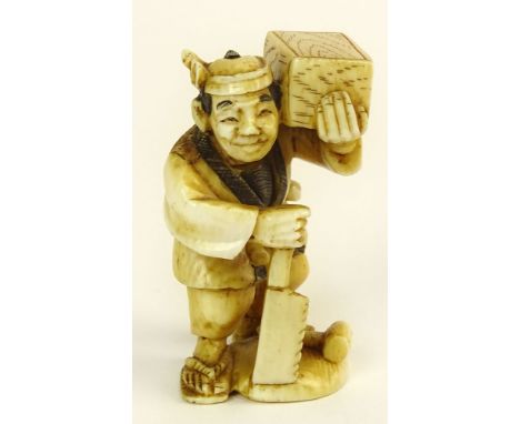 Antique Japanese Ivory Netsuke. "Wood Carver" Signed. Good Condition. Measures 2 Inches Tall. This item will only be shipped 