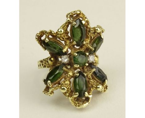 Lady's Vintage Hand Made 18 Karat Yellow Gold, Peridot and Diamond Ring. Unsigned. Good Condition. Ring Size 5-1/2. Approx. W