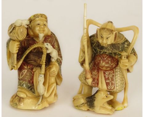 Lot of Two (2) Hand Carved Polychromed Ivory Antique Japanese Netsuke. This Lot Includes Two Immortal Figures. Good Condition