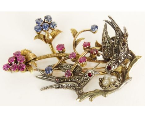Lady's Vintage 14 Karat Yellow Gold, Ruby and Sapphire Branch Brooch and Sterling Silver Dove Brooch (marriage). Signed 14K. 