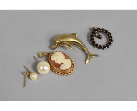 A Collection of Various Gold and Gold Coloured Metal Items to include Vintage 9ct Gold Framed Shell Cameo, A Gold Mounted Sin