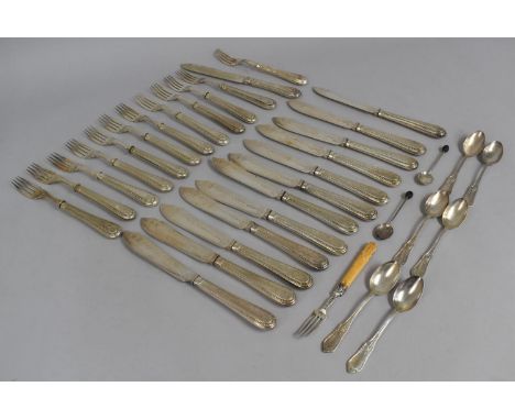 A Set of Bright Cut Handled Mappin and Webb Flatware together with a Georgian Silver and Bone Handled Fork, Two Silver Coffee