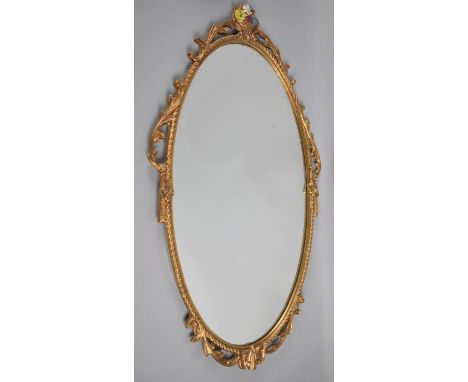 An Ornate Gilt Framed Wall Mirror, Stylised Rope and Basket of Flowers Finial, 66x39cm 