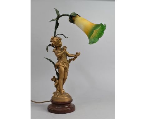 A Mid 20th Century Bronzed Spelter Figural Table Lamp with Opaque Green and Yellow Glass Shade, "Les Mures", After Moreau, 52