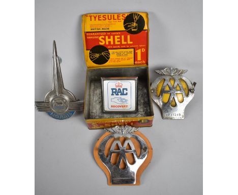A Vintage Tin for Tyesules together with a Collection of Vintage Car Badges for AA, RAC and Morris 