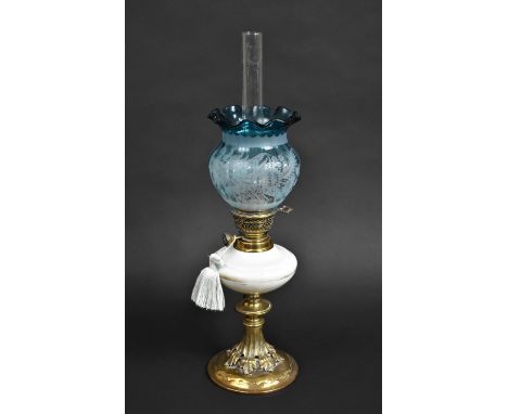 A Victorian Brass and Opaque Glass Oil Lamp with Etched Coloured Shade, Plain Glass Chimney, 59cms High 