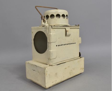 A White Painted Vintage Railway Signal Lamp with Copper Plaque Scribed E 