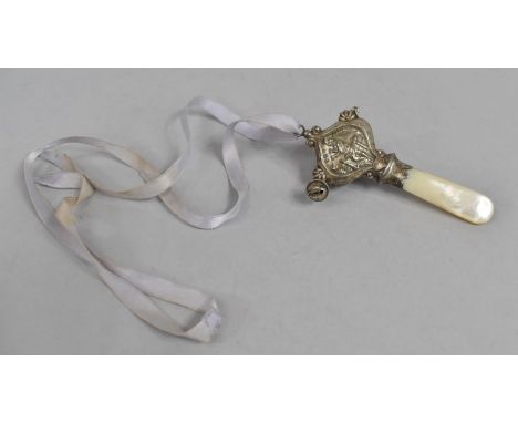 A Silver and Mother of Pearl Babies Combination Rattle and Teether, Boy Blue Embossed Decoration 