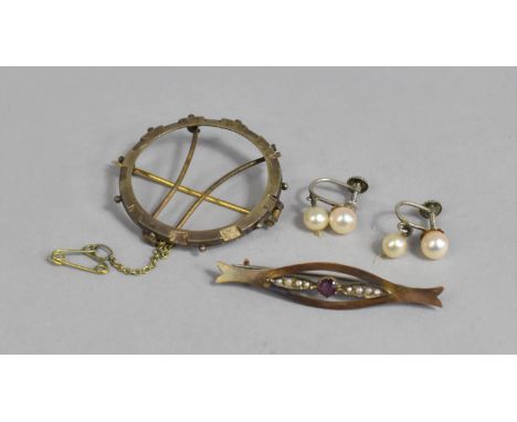 A Small Collection of Period Costume Jewellery to include 9ct Gold, Amethyst and Pearl Bar Brooch (1.7gms), Coin Mount Brooch