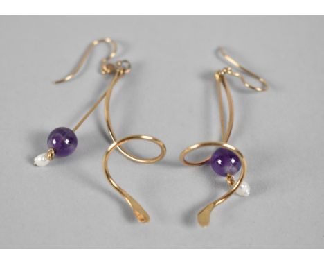 A Pair of Modern 9ct Rose Gold, Amethyst and Pearl Earrings,  Central Amethyst Bead 8mm Diameter, 71mm Drop Total, 5.3gms 