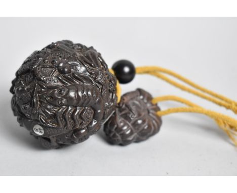A Carved Oriental Wooden Inro of Globular Form, Decorated in Relief with Spiders, Butterflies and Other Insects, Signed Seal 