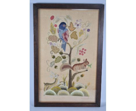 A Vintage Oak Framed Silk Tapestry Depicting Birds, Animals and Tree, 39x62cms 