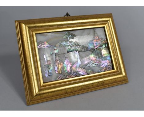 A Small Gilt Framed Oriental Picture Made From Mother of Pearl Depicting Elders, Pagoda and Tree, 14x9cms 