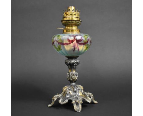 A Late Victorian Silver Plate and Painted Glass Oil Lamp on Scrolled Feet with Brass Burner, no Shade or Chimney, 33cms High 