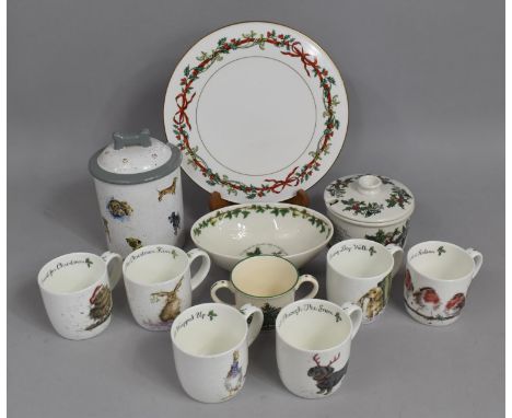 A Collection of Ceramics to comprise Six Royal Worcester Wrendale Designs by Hannah Dale Mugs, Portmeirion The Holly and The 