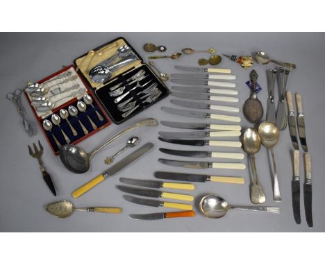 A Large Collection of Various Flatwares to comprise Large Ladle, Forks, Knives, Spoons Etc, Four Arthur Price Zodiac Spoons E