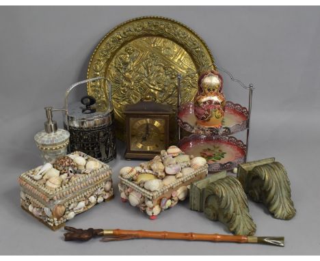 A Collection of Various Vintage and Later Items to comprise Two Tier Stand, Mantel Clock, Finials, Shell Encrusted Boxes, Ice