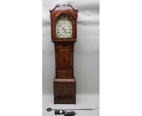 A mahogany &amp; oak long case clock, the hood with swan necks, column mounted, having an arched enamel dial painted with a v