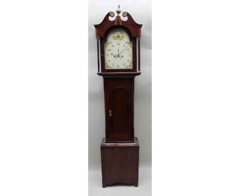 A mahogany long case clock, the hood with swan necks &amp; fitted finial, column mounted, having an enamel arch dial having s