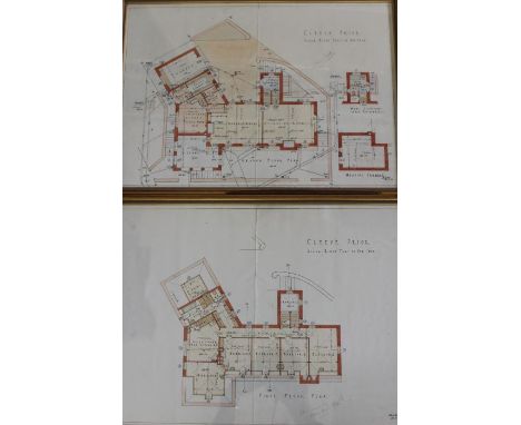 C E Bateman,  Architect - Two hand coloured design prints being the 1933 plans for Cleeve House (originally Brades House). A 