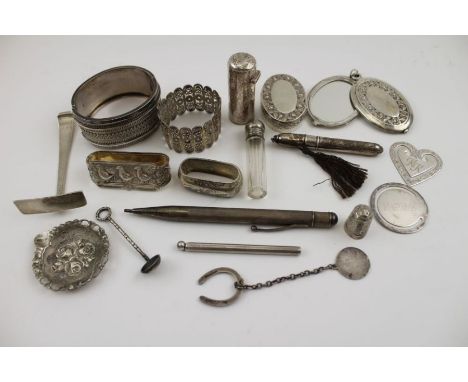 A collection of silver &amp; white metal wares various, including a broad silver cuff bracelet, silver  propelling pencil, si