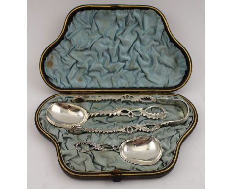 Hilliard &amp; Thomason, A late Victorian silver set of tea accessories, including sugar tongs, sugar spoon, and caddy spoon,