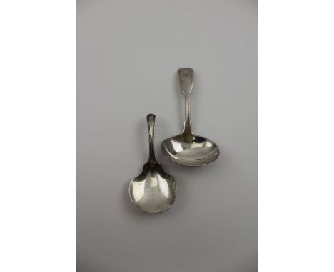 A William IV silver caddy spoon, fiddle pattern with a George III silver caddy spoons, having shaped bowl and beaded edge han