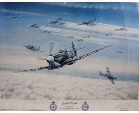 After Jeff Pritchard, "Spitfire Escort", a  colour print, signed by the artist, 175 of 1000, also signed by Air Vice Marshall