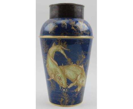 A Dunhill cocktail shaker, the ceramic body decorated & gilded with fish on a blue ground, of tapering form, fitted metal pla