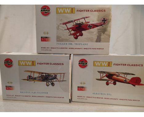 Three Airfix aircraft kits, 1/72 scale, Bristol Fighter, Albatros DVA and Fokker DR1 triplane, sealed, wear to boxes. UK P&am