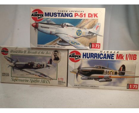 Three Airfix aircraft kits, 1/72 scale, Mustang P-51, Spitfire MK1X, and Hurricane MK1/1113, appear complete, wear to boxes. 