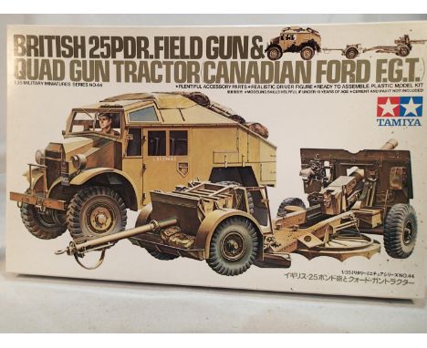 Tamiya 1/35 scale military kit 25 pound field gun and guard gun tractor, complete, wear to box. UK P&amp;P Group 1 (£16+VAT f