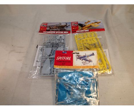 Three Airfix aircraft kits, 1/72 scale, Spitfire, Folland Gnat, Spitfire MK1A, all sealed bags/header card. UK P&amp;P Group 