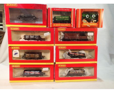 Nine Hornby wagons, all different mostly near mint, boxes mostly good, some poor. UK P&amp;P Group 1 (£16+VAT for the first l